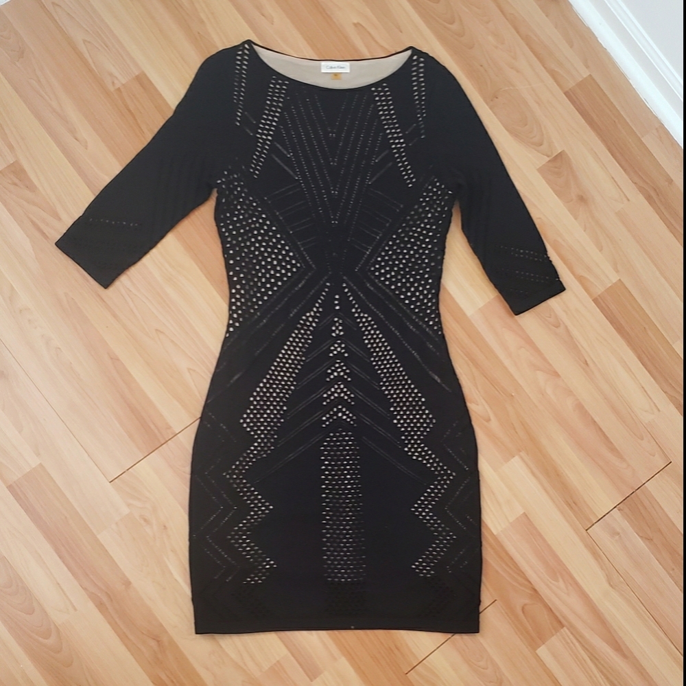 Calvin Klein black and tan perforated dress